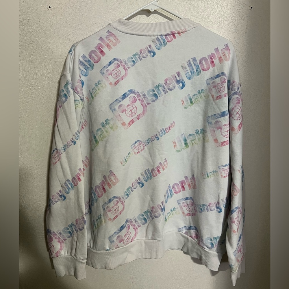 DISNEY Classic All Over Tie Dye Logo Crewneck Sweatshirt White Colorful Wms Sz L - Picture 5 of 5